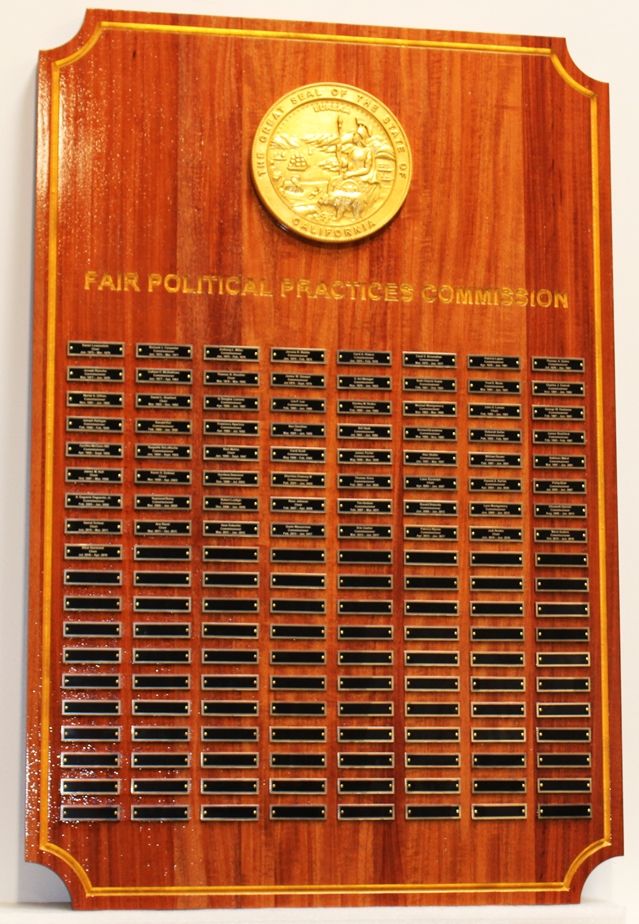 BP-1074 - Carved Plaque for Fair Political Practices Commission of California, Engraved Mahogany with Gold-Leaf Gilded 3-D Carved Seal