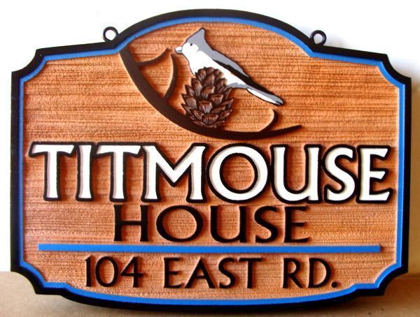 M1911 - Sandblasted  Faux Wood Grain Sign for the Titmouse House, with a Bird as Artwork
