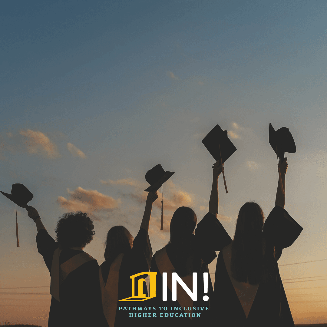 four graduates holding their caps in the sky with in logo