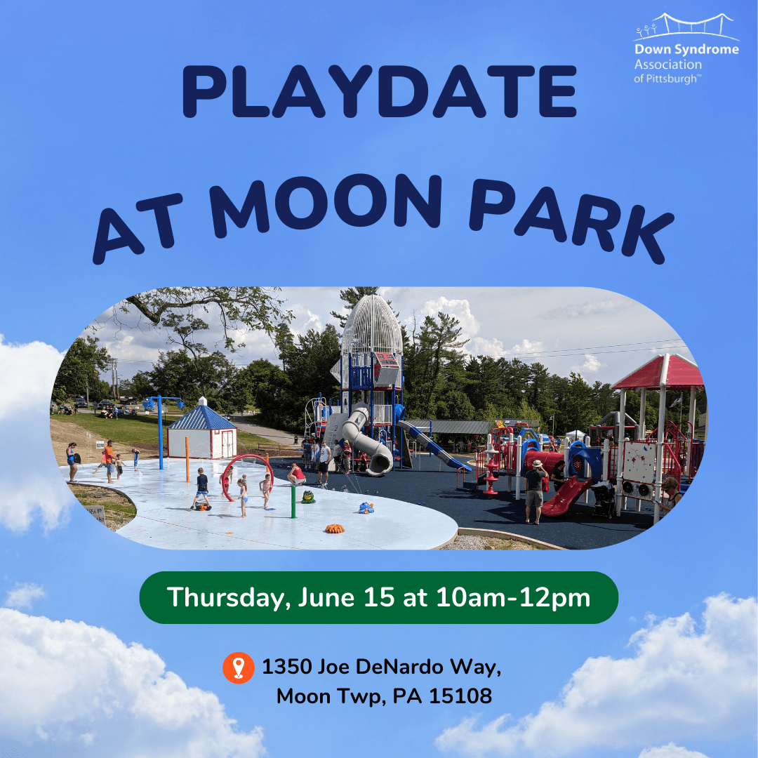 Picture of Moon Park playground and splash pad, with date of event happening on Thursday, June 15 from 10am to 12pm at 1350 Joe DeNardo Way, Moon Township, PA 15108.