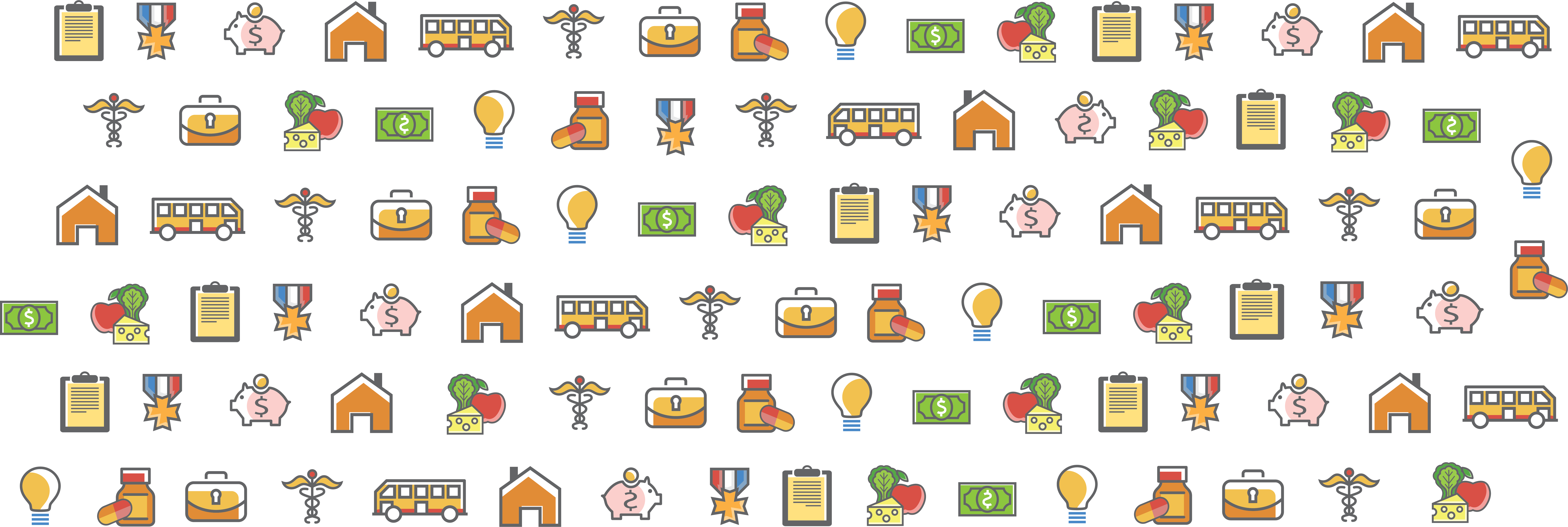 Graphic collage of icons representing benefits