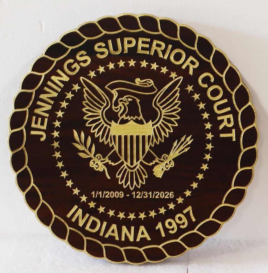 HP-1093 - Carved 2.5-D Outline Relief 24K Gold-Leaf Gilded Plaque of the Seal of a Jennings Superior Court , Columbus, Indiana