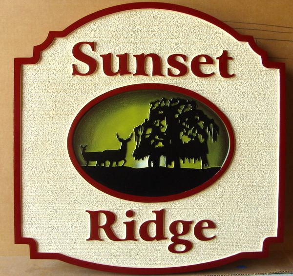 M22613 - Sandblasted HDU Residence Sign "Sunset Ridge" with Silhouette of Willow Tree and Deer