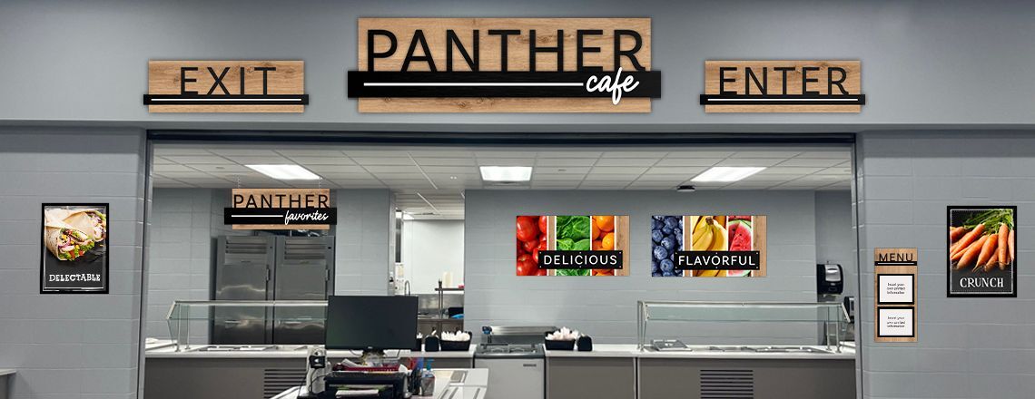 3 pictures of custom signs in school café, main line signs, food art, school lunch posters