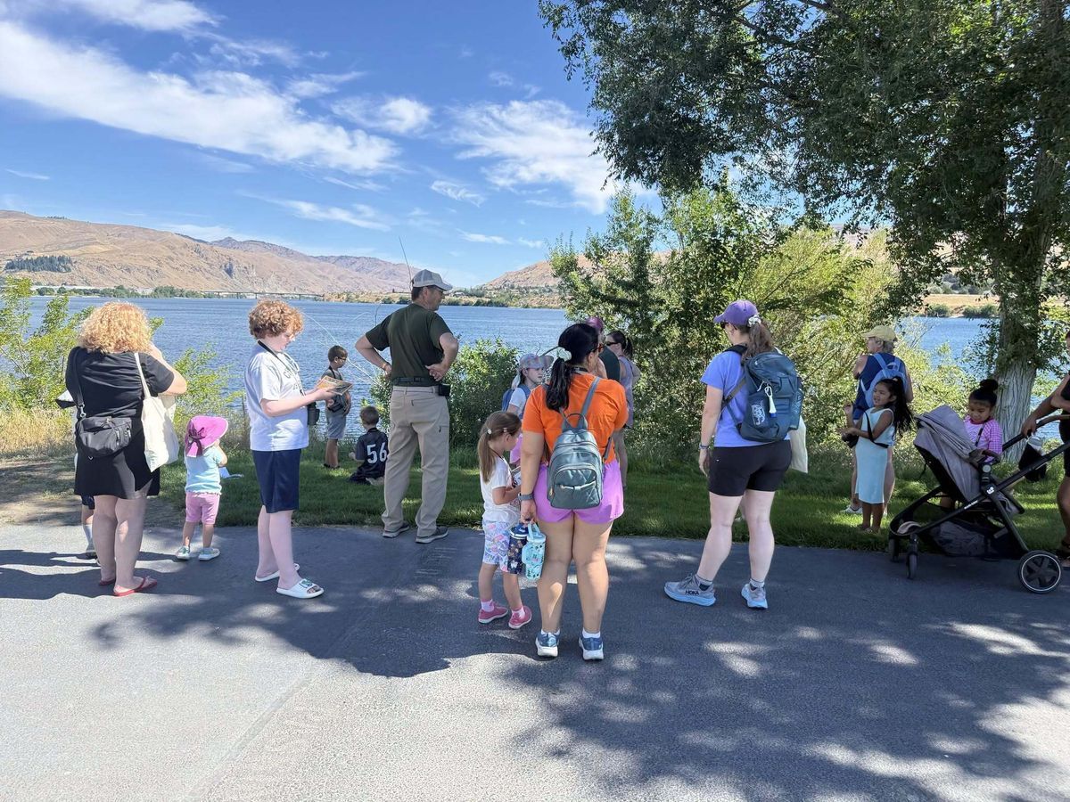 Birders walking along the Columbia River in Wenatchee, WA.
