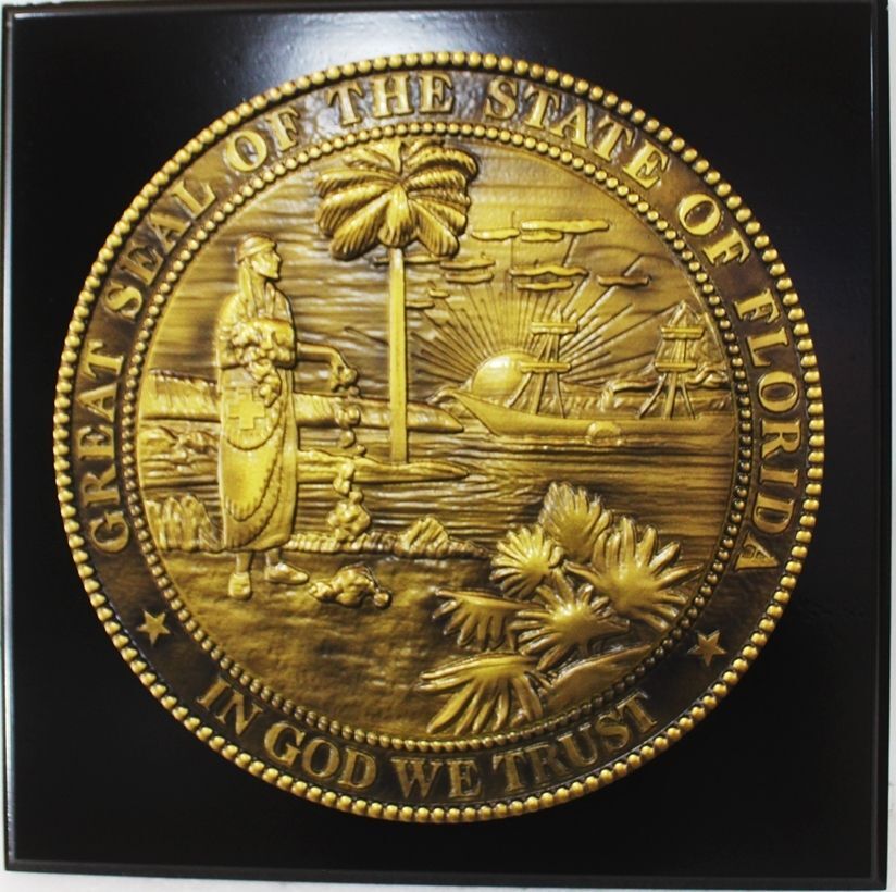 BP-1141 - Carved 3-D Brass-Plated Plaque of the Great Seal of the State of Florida, Mounted on a Square  Mahogany Wood Base.