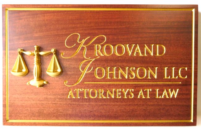 A10002 - Carved and Engraved Mahogany Law Firm Plaque, with 24K Gold Leafed-Text, Border and 3-D Scales of Justice