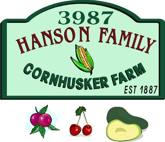 O24718 - Carved and Sandblasted HDU Sign for Corn Husker Farm with Alternate Crops of Plums, Cherries and Avocados