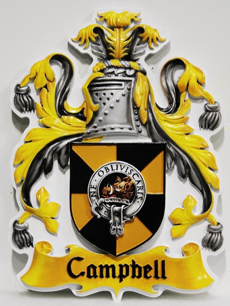 XP-1004 - Carved 3-D HDU Wall Plaque of the Campbell Family Coat-of-Arms with  a Helmet, a Shield with Boar's Head, and Flourishes 
