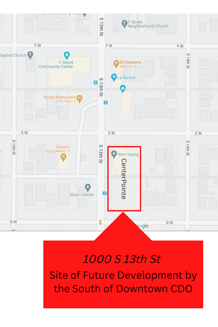 Image is of a map of S. 12th Street on the left to S. 14th St. on the right; F Street to the Top and D Street to the bottom. The CenterPointe location at the corner of 13th and E Streets is blocked out in a red box. 