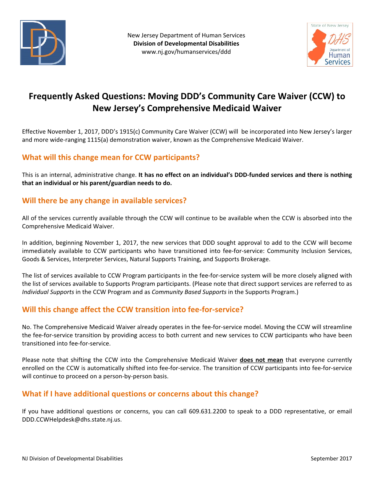 Frequently Asked Questions: Moving DDD’s Community Care Waiver (CCW) to New Jersey’s Comprehensive Medicaid Waiver