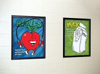 2 food posters in school cafe, school food characters jumping, flip open frames, custom signs