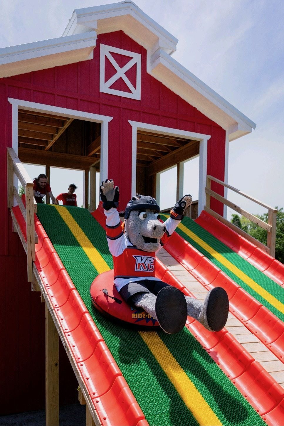 Maverick the mascot on the Mega Slide