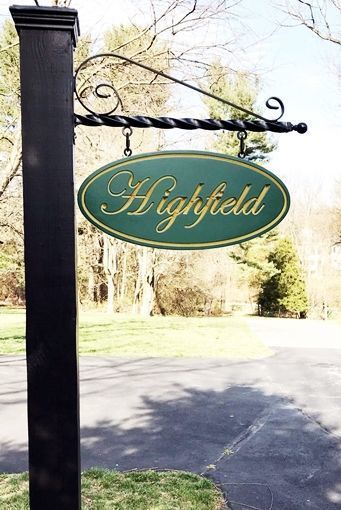 M4750 - Cedar Wood 6" x 6" Post with a Horizontal Wrought Iron Scroll Bracket with Hanging  HDU  Sign for Highfield Estate