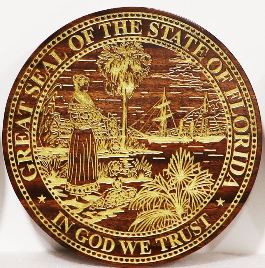 BP-1149- Engraved  Mahogany Wood Plaque of the Great Seal of the State of Florida with Light Brass Painted Engraved Areas