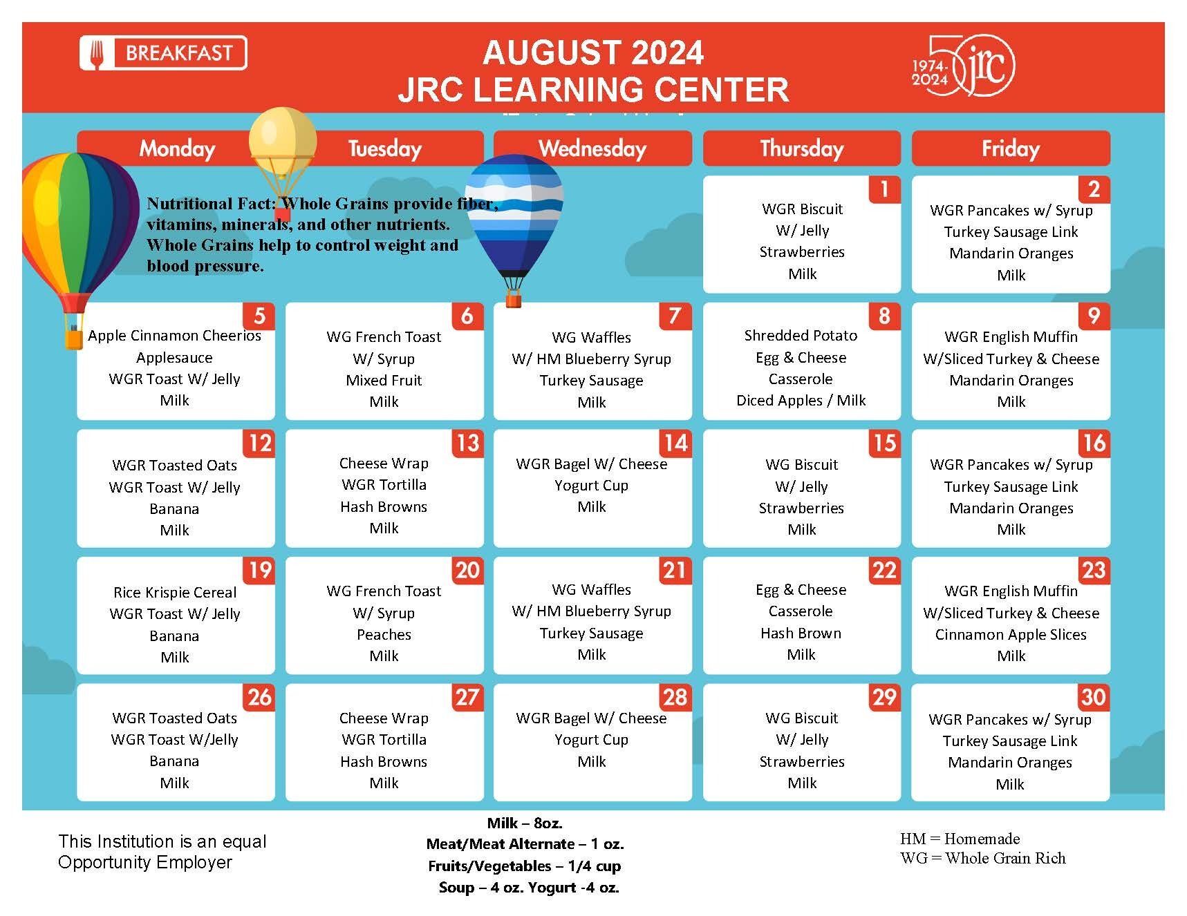 August Breakfast Learning Centers Menu 