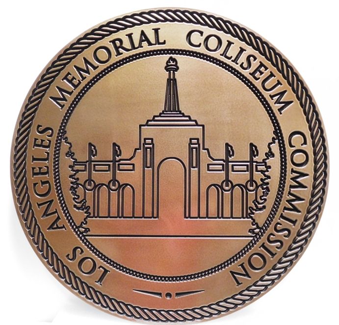 CP-1307 - Carved Wall Plaque of the Angels Memorial Coliseum in the County of Los Angeles, Engraved Bronze-Plated