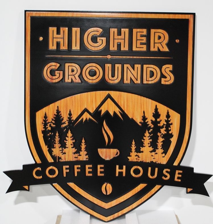 Q25416 - Engraved HDU Sign for the Higher Grounds Coffee House, Painted  in a Faux Wood Grain Pattern