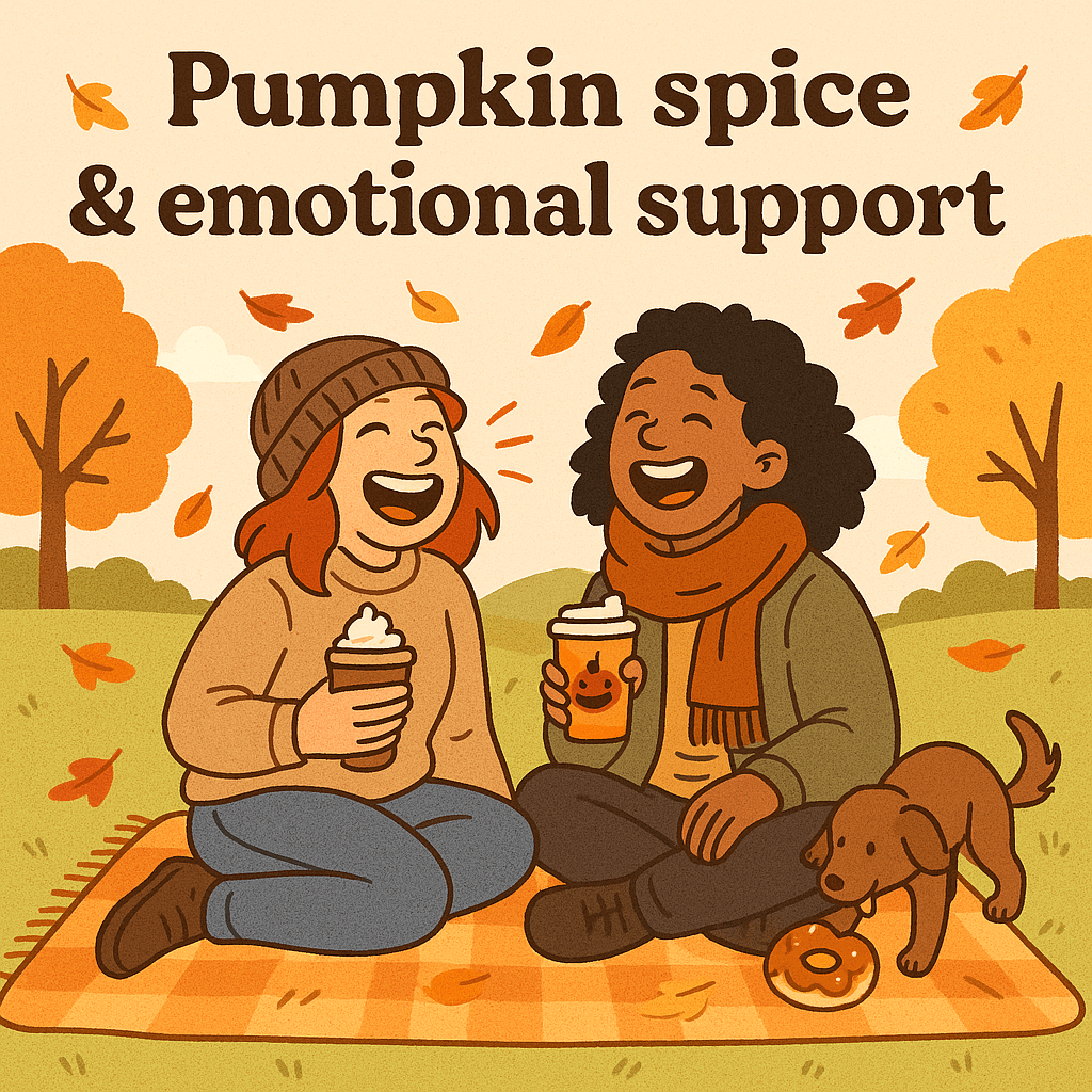 Cartoon of two friends sitting on a blanket in a park, both holding pumpkin drinks, laughing with fallen leaves swirling around them and a dog stealing a donut.