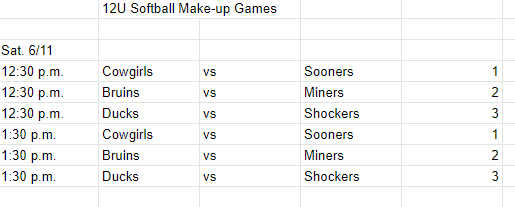 12U Softball Make-up Games