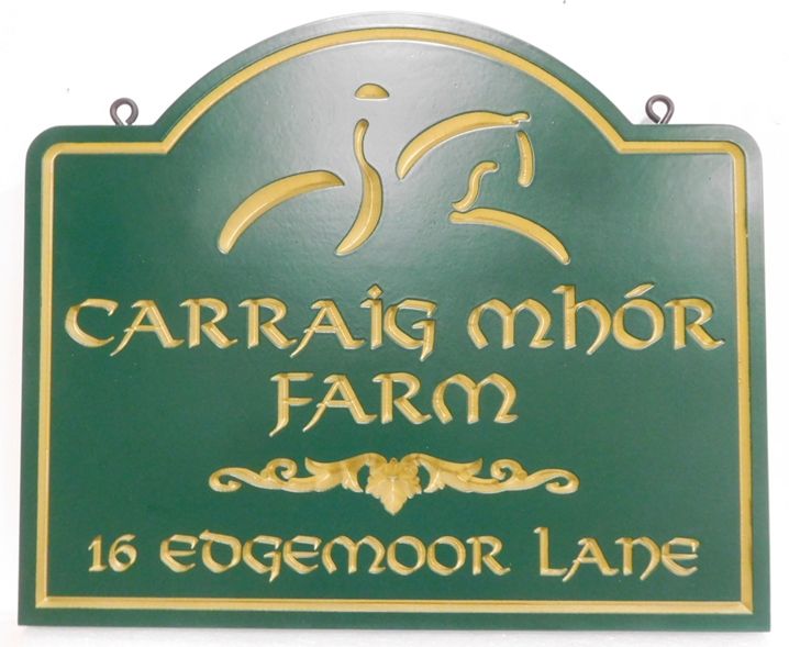 O24217 - Engraved Entrance and Address Sign for the Carraig Mhor Farm, with a Stylized Mounted Equestrian as Artwork 