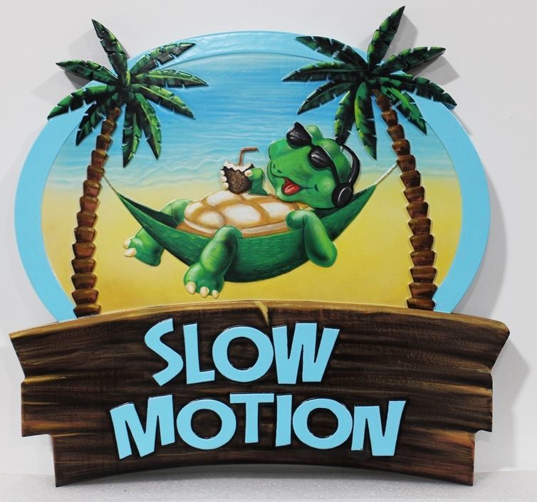 L21079A - Carved 2.5-D Raised Relief Beach House Sign  "Slow Motion", with a Turtle holding a Drink in a Hammock between two Palm Trees as Artwork 