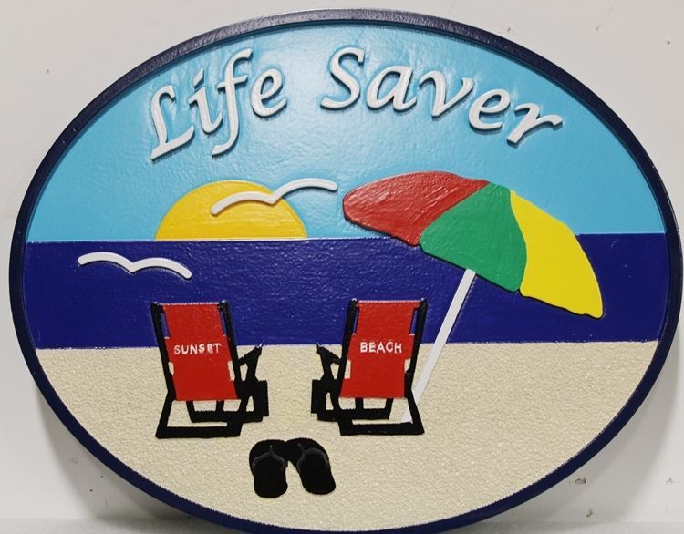 L21032 -  Carved and Sandblasted 2.5-D Multi-level Relief HDU Beach House Name  Sign "Life Saver". 