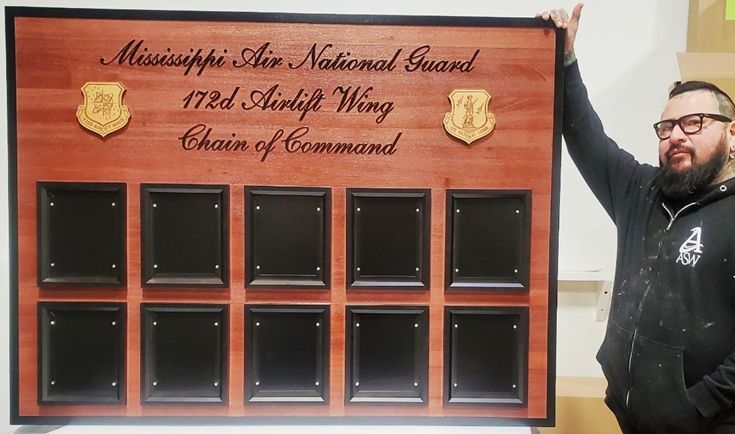 SA1070 - Chain-of-Command  Board  for the Mississippi Air National Guard's 172nd Airlift Wing , Carved from  California Redwood