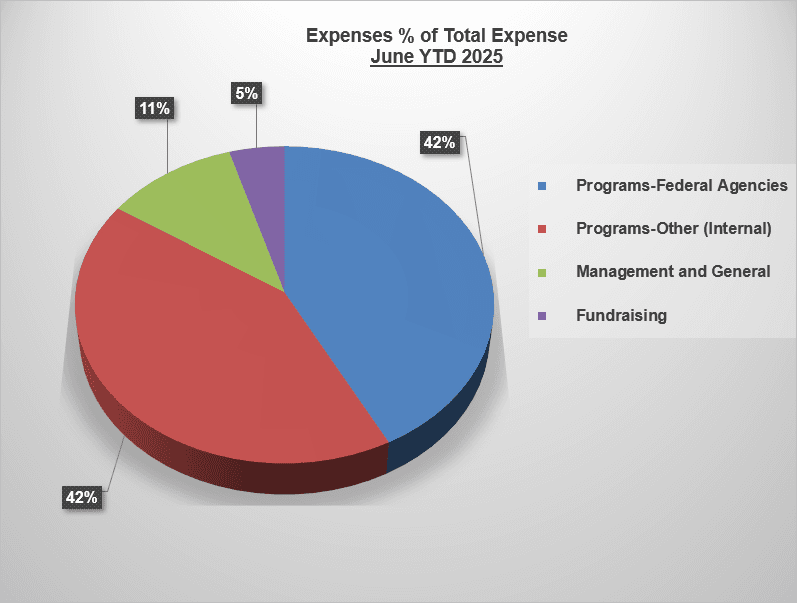 Expenses % of Total Expense June YTD 2024: 30% Programs-Federal Agencies, 53% Programs-Other (Internal), 11% Management and General, 6% Fundraising