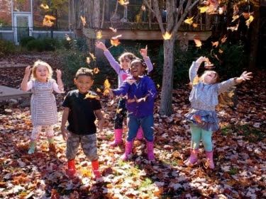 Children playing in fall leaves