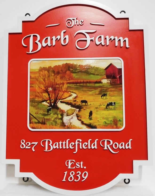 O24802 - Carved HDU Farm Name  and Address Sign "Barb Farm" with Printed Giclee Applique of a Farm Scene Oil Painting