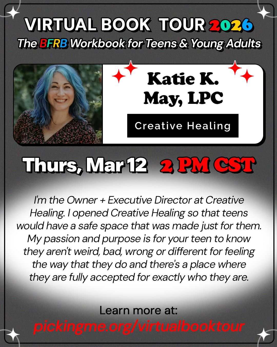 Thurs, 3/12: 2 PM CST Katie K. May, LPC, Creative Healing
