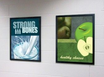 2 food posters in school hallway, food pictures, flip open frames, nutrition education, milk poster