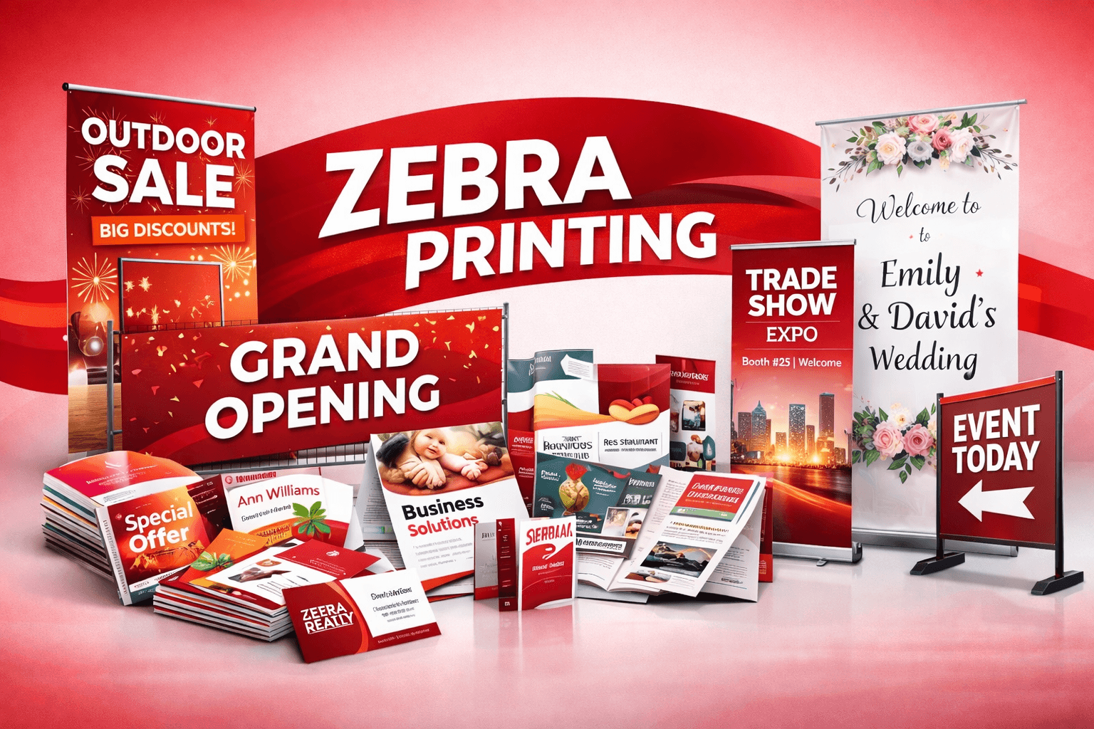 Overview of custom banners, signage, marketing materials, and digital printing products offered by Zebra Printing