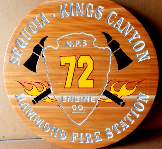 G16079 - Cedar Wood Fire Station Plaque with with Fire Emblem and NPS emblem, the "Arrow."