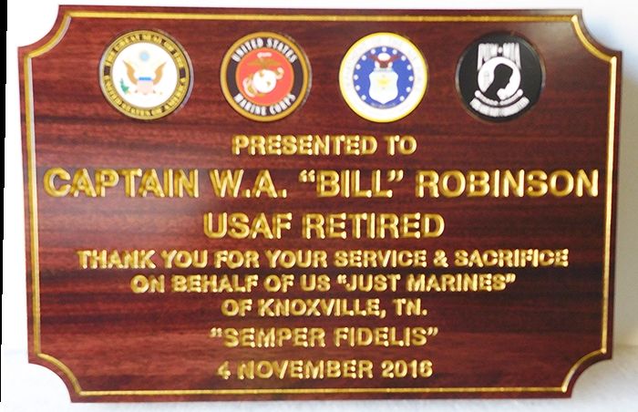 LP-9075 - Engraved  Retirement Plaque for Air Force Captain,  Mahogany  Wood with Giclee Seals