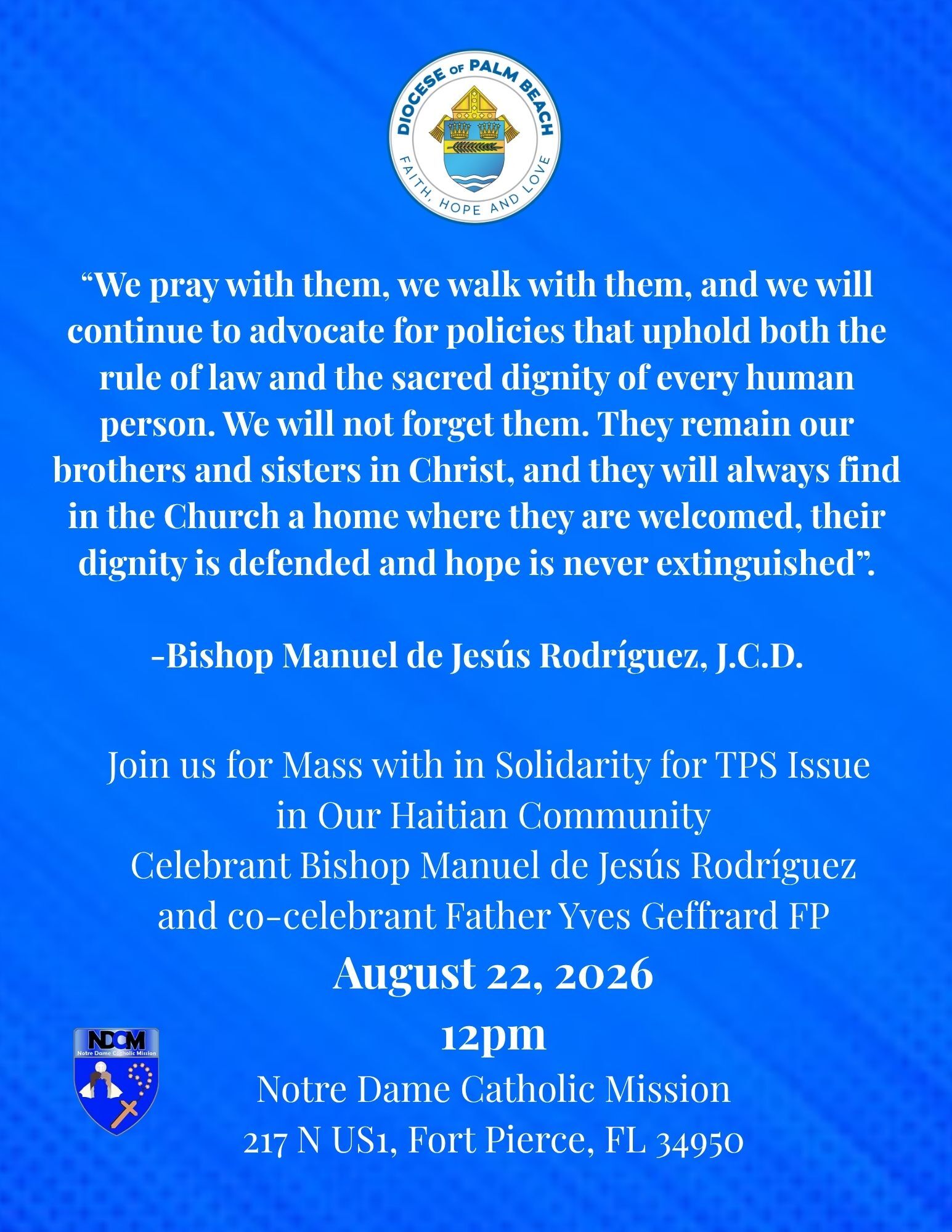 Bishop Manuel Invites You to Join in Prayer for Our Haitian Community at a Special Mass