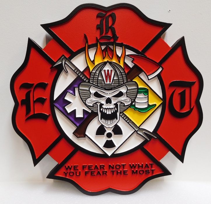 QP-1095 - Carved Plaque of a Badge of a Fire & Rescue Department, 2.5D Artist Painted