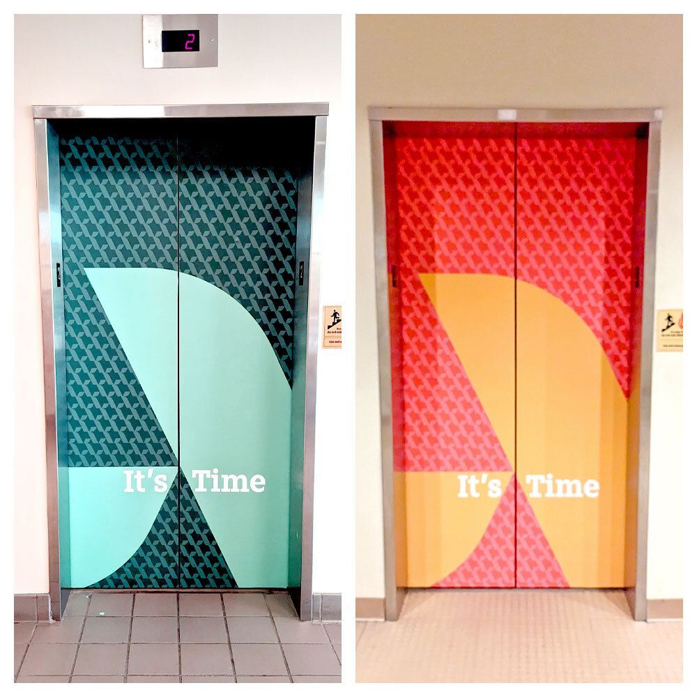Custom elevator wrap vinyl graphics installed at Augusta Technical College campus