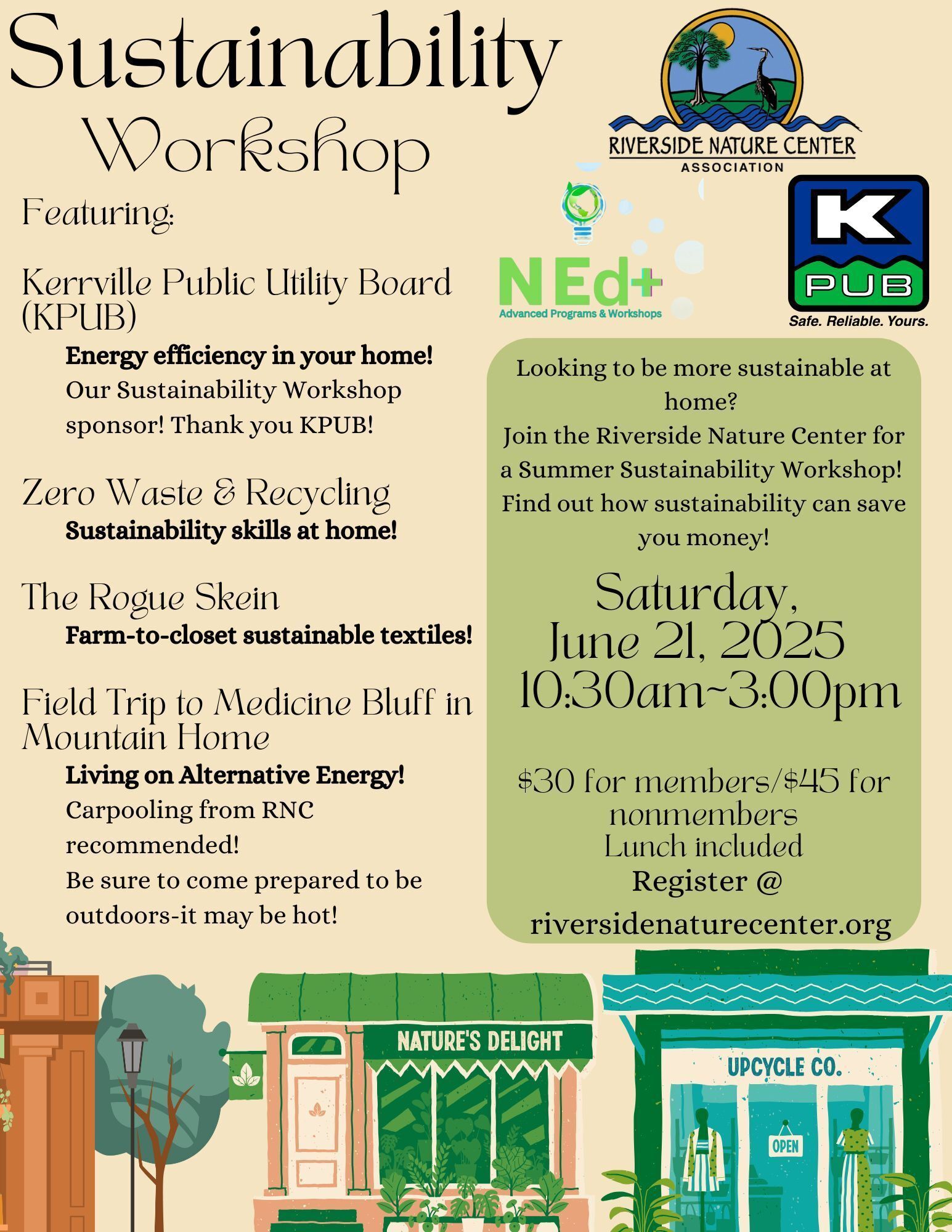 Kerrville Texas, Riverside Nature Center, Sustainability Workshop, Natural, household appliances, sustainable textiles, water wise landscaping, Medicine Bluff, NEd Talk