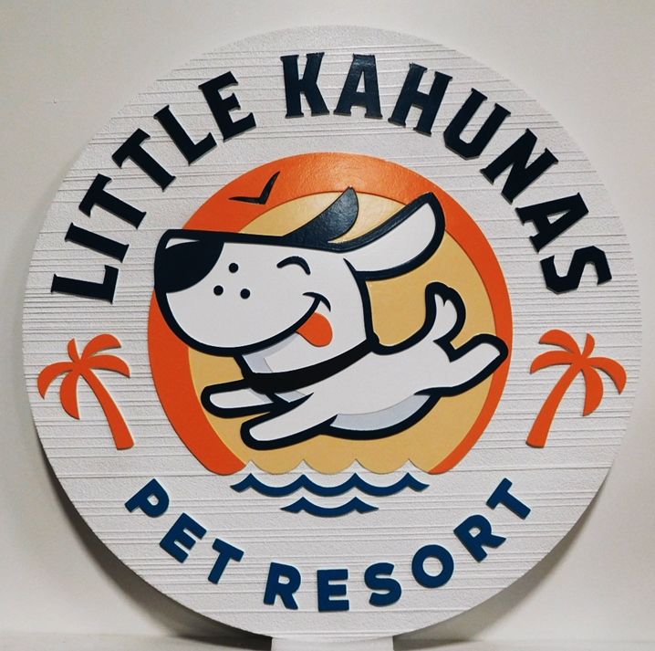 BB11772 - Carved and Sandblasted HDU Round Entrance Sign for the Little Kahunas Pet Resort , with Happy Dog as Artwork 