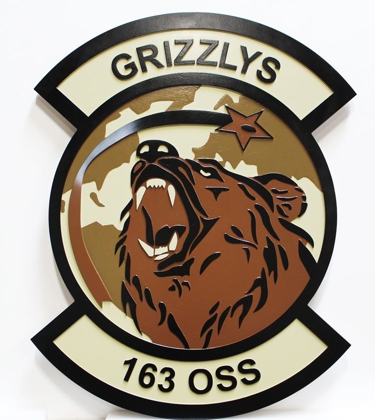 LP-4725 - Carved 2.5-D Multi-Level Raised Relief HDU Plaque of the Crest of the163rd Operations Support Squadron (OSS), "Grizzlys"  