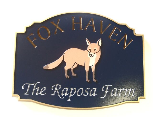 O24611 - Carved  "Fox Haven -The Reposa Farm" Sign, with Artist-Painted Fox as Artwork