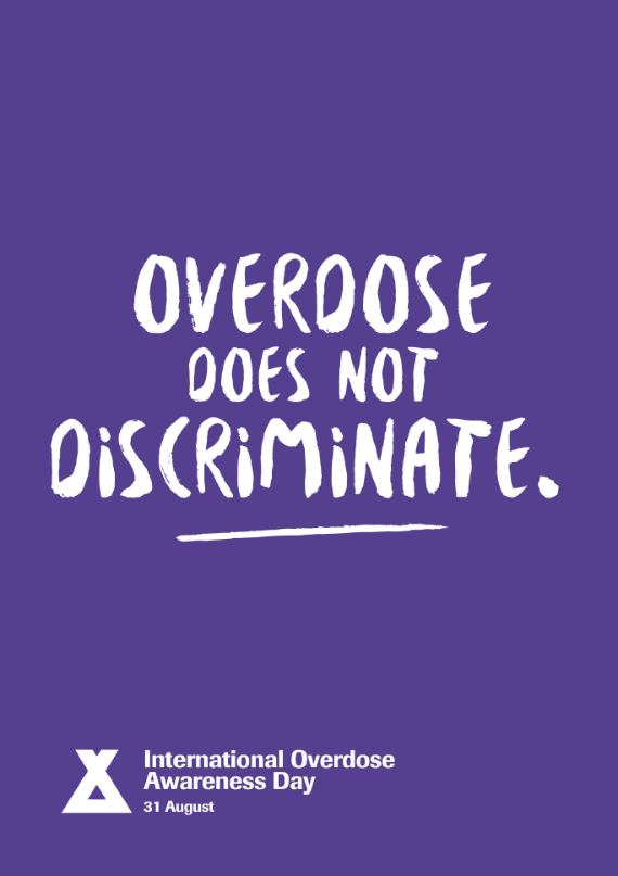 The words "overdose does not discriminate" over a purple background