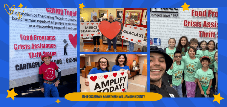 staff, volunteers and food drive participant smiling as they get involved at The Caring Place