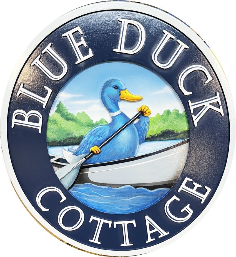 MB2512 Carved and Artist-Painted Blue Duck Cottage Sign