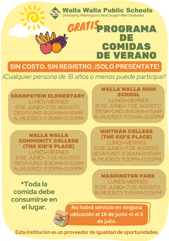 Walla Walla Public Schools Gratis Programa de Comidas de Verano