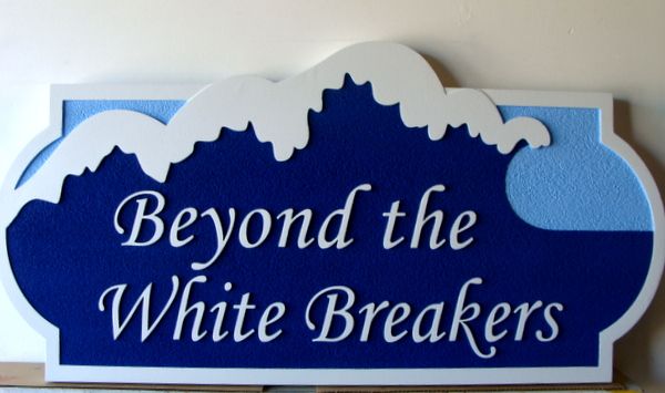 L21710 - Carved and Sandblasted Beach House Sign, "Beyond the White Breakers" Featuring Surf as Artwork