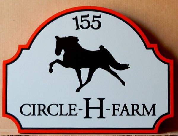 P25168 - Sandblasted HDU Sign for "Circle H Farm", with Silhouette of Walking Horse