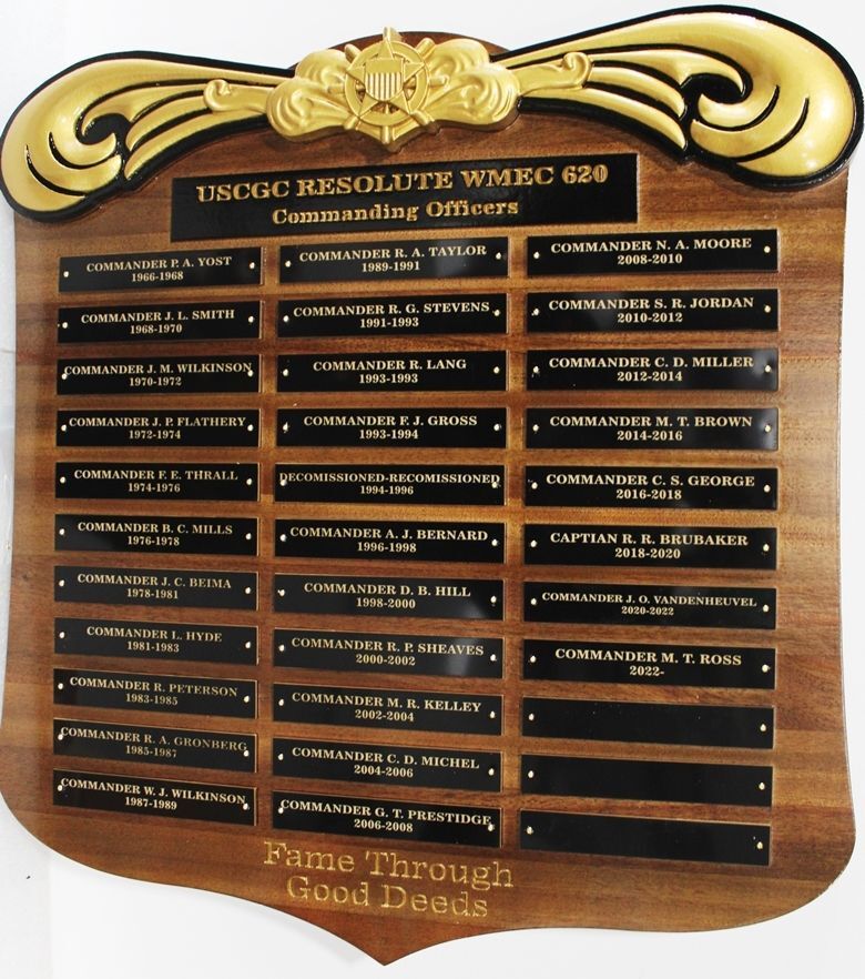 NP-2682 - Carved Mahogony Wood Plaque Honoring the Previous Commanding Officers of the Coast Guard Cutter Resolute, WMEC-620 